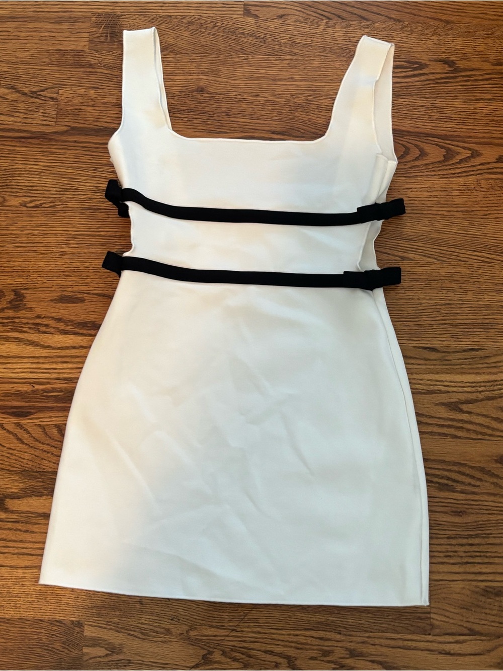 Zara White Stretch Mini Dress with Black Contrast Cutout Ties - Size L